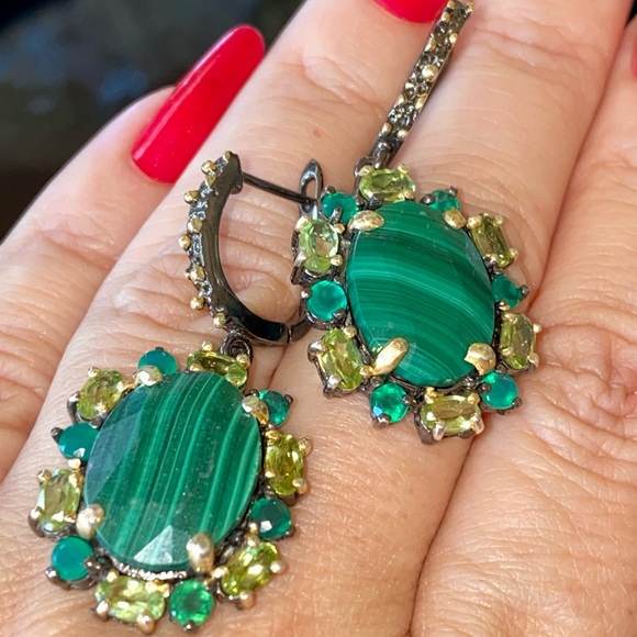 Royal Genuine Malachite Earrings with Gemstone Accents - Picture 3 of 14